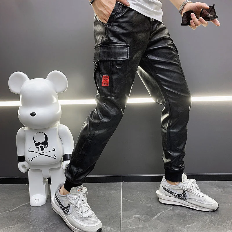 Description Picture 3 of itemThickened Camouflage Leather Pants Hip Hop Large Pocket Casual Leather Pants Men's Elastic Waist Leather PU Pant Motorcycle Pant