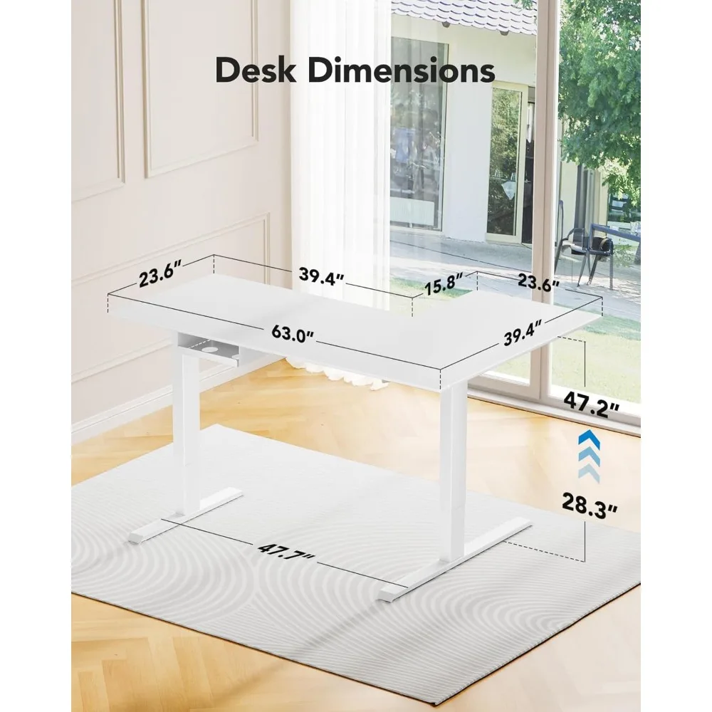 63x40 inch Dual Motor L Shaped Electric Standing Desk with 3 Preset Heights, Electric Height Adjustable Computer Table, 2 Hooks