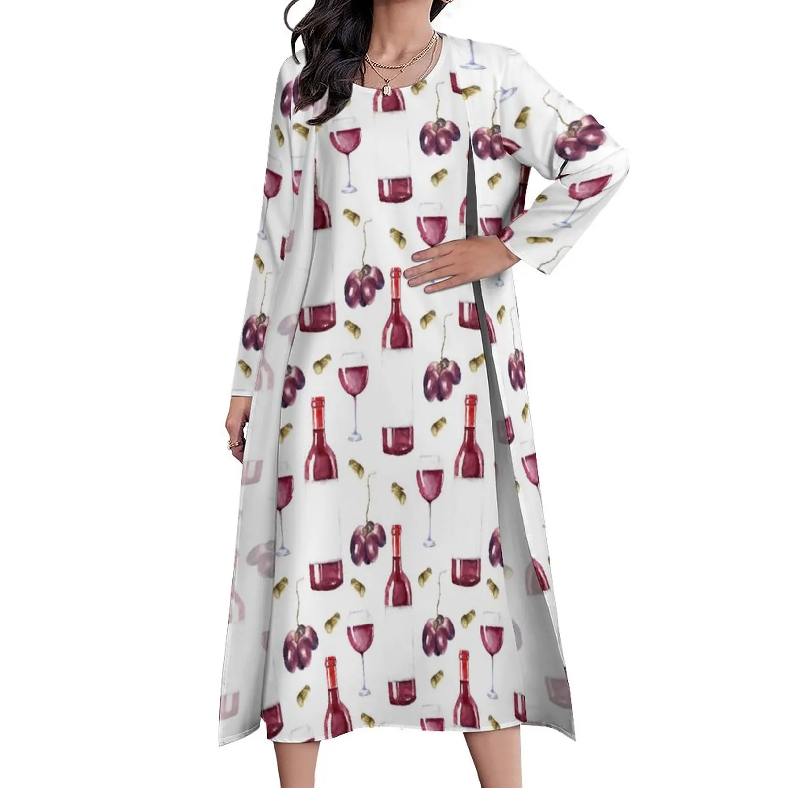 

Wine Lover Dress Two Piece Red Wine Pattern Street Style Boho Beach Long Dresses Female Party Maxi Dress Birthday Present