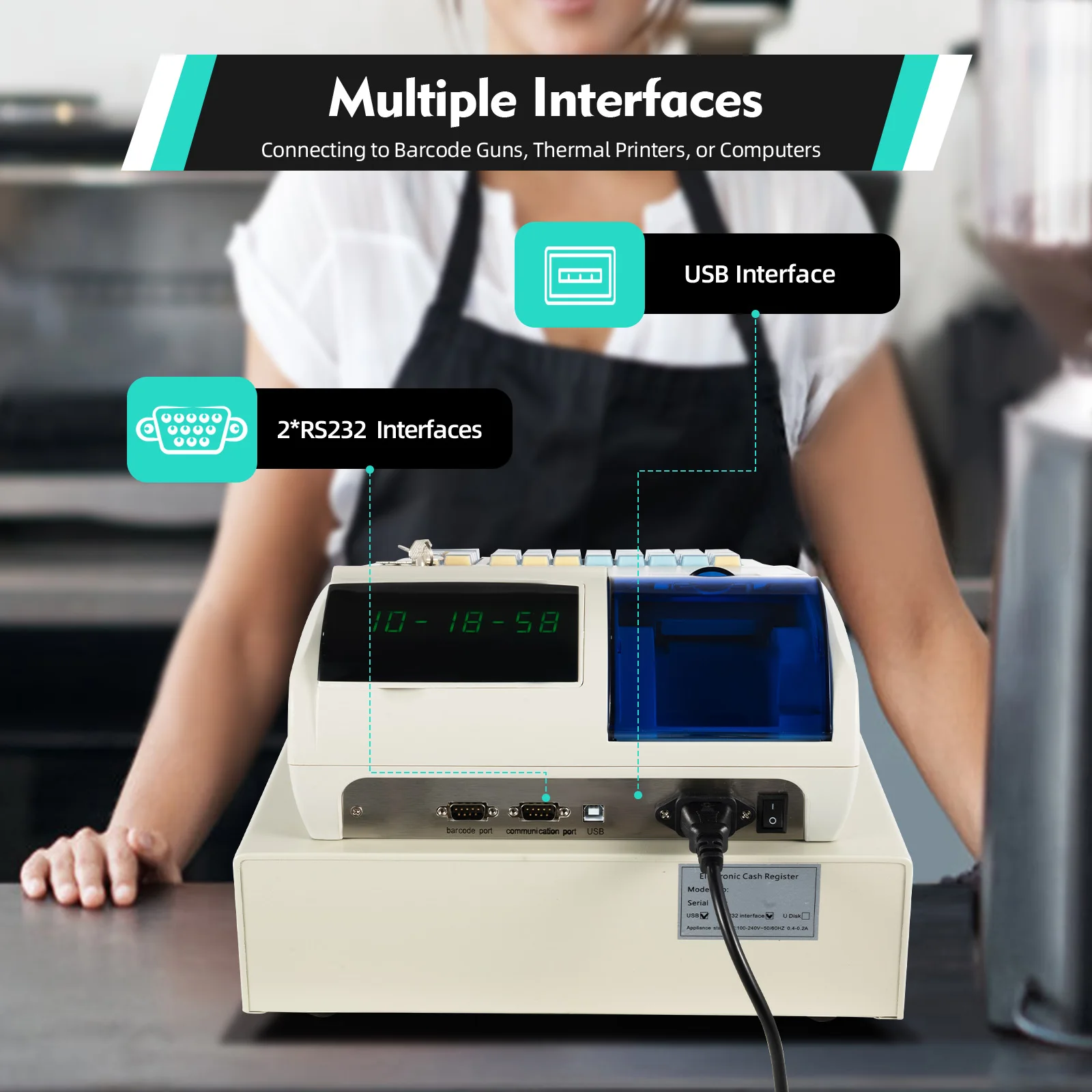 48-Key Electronic Cash Register POS Cash Register System with Thermal Printer Barcode Scanner Ports UV Money Detector for Store