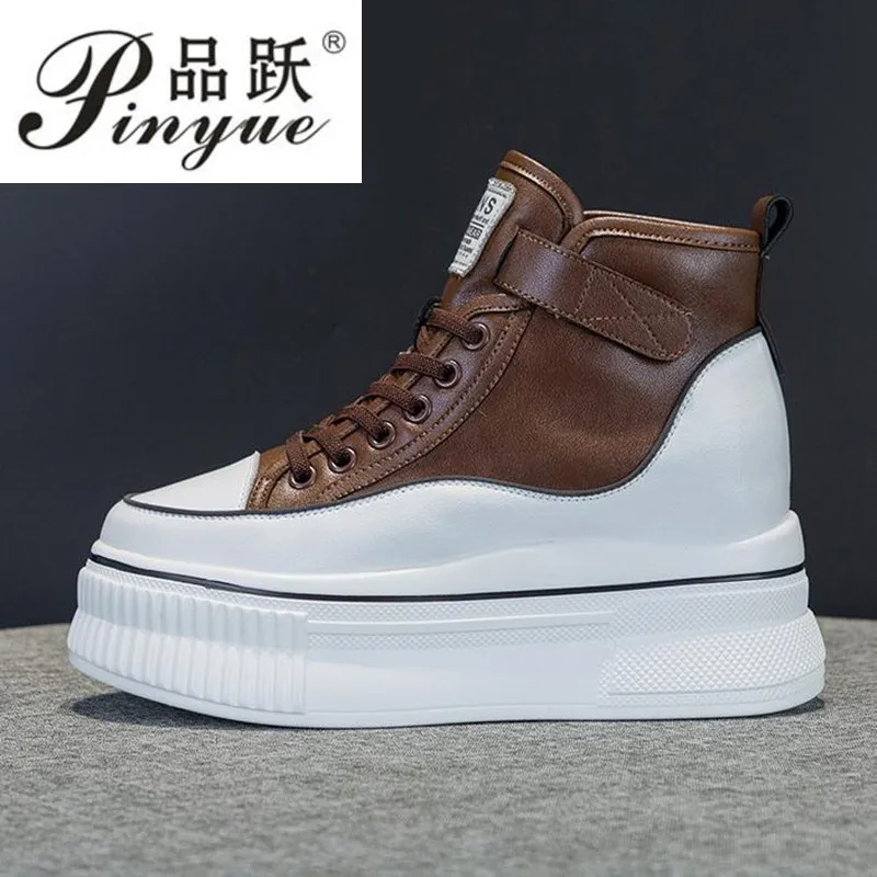

6cm Cow Genuine Leather Ankle Boots Platform Wedge Women Casual Spring Autumn Females Rubber Soled Little Walking shoes