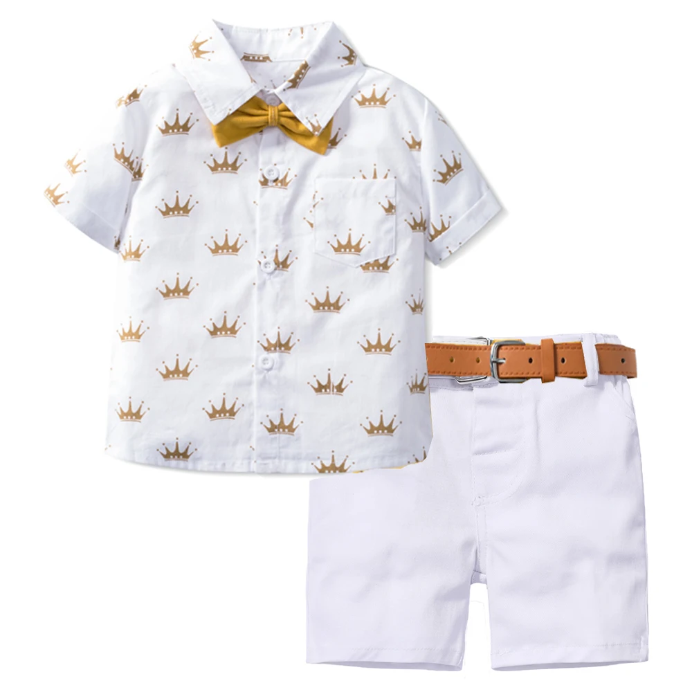 Summer Kids Boys Formal Outfit Suit Crown Printed Shirt with Bow Leather Belt Boy Birthday Party Clothes Set 1-6 Years kids clothes