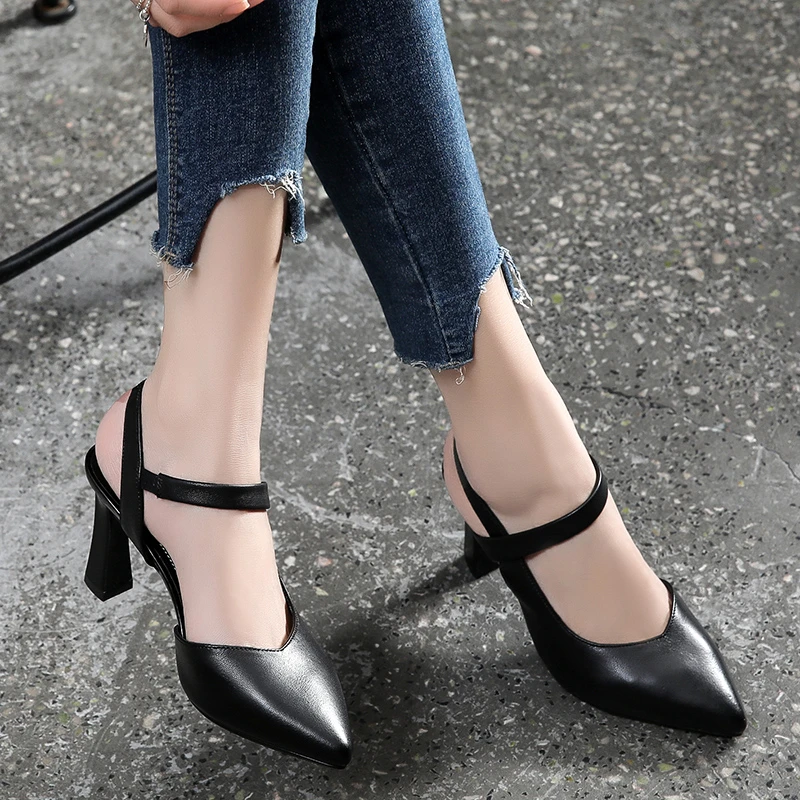 Women Sandals Soft Leather Solid Color Summer Thick Heels Baotou High-heeled