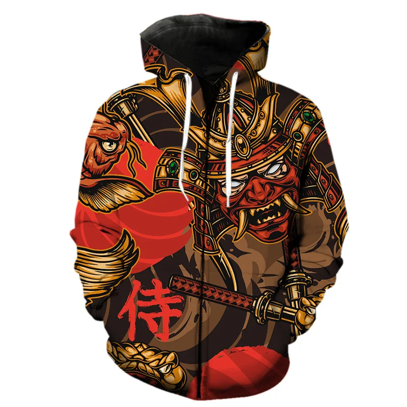 thumbnail image 1 of Sudadera con capucha y cremallera con diseño de dragón samurái y guerrero fantasma para hombre, estilo Harajuku, con estampado 3D de carpa, informal, de manga larga, para primavera, 1 of 4