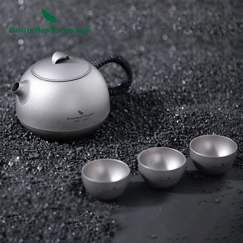 Boundless Voyage 380ml Titanium Tea Kettle with Filter +3pcs 25ml Cups Ultralight Outdoor Teapot Set Camping Coffee Tea Maker
