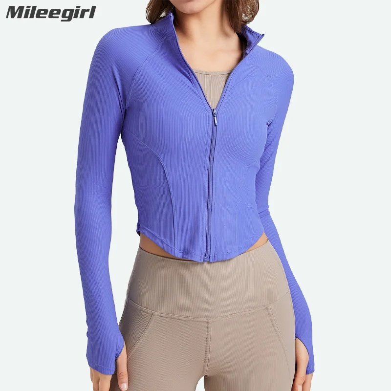 Mileegirl Front Zip Sports Jacket for Women, Long Sleeve Sports Yoga Shirts, Tight Gym Fitness Shirts Ribbed Workout running Top