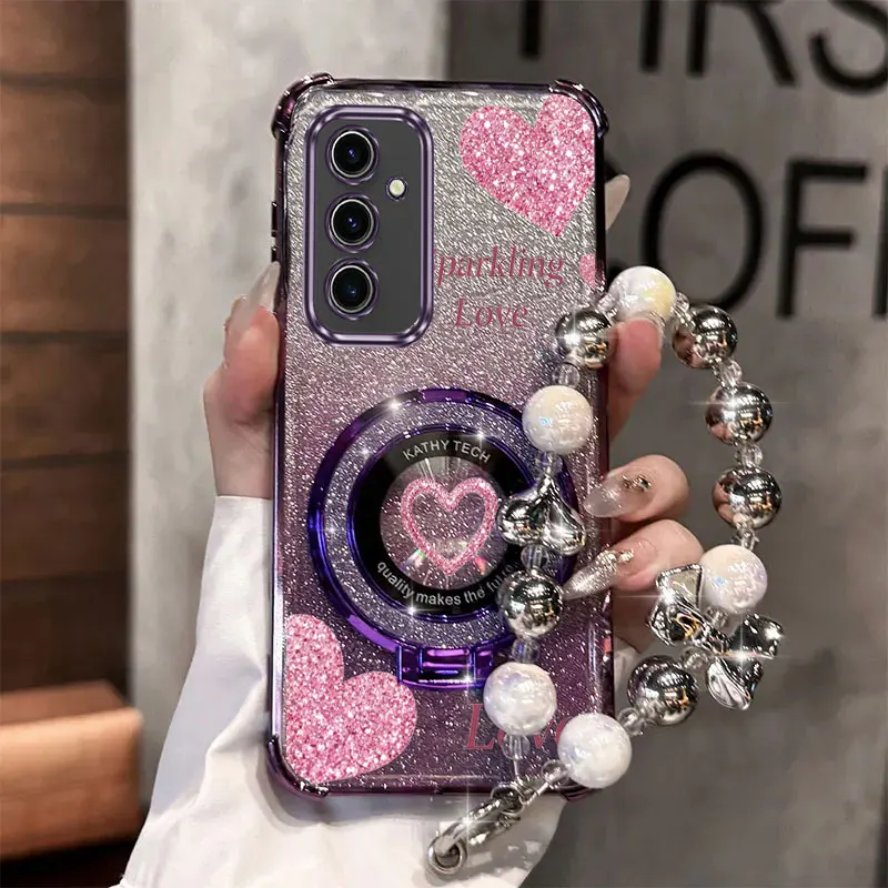 Pearl Strap Glitter Love Phone Holder Case