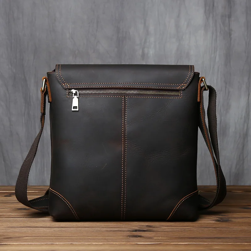 NZPJ Retro Men's Leather Shoulder Bag First Top Layer Cowhide Messenger Bag Casual Vertical Men's Bag Suitable For 11-Inch Ipad