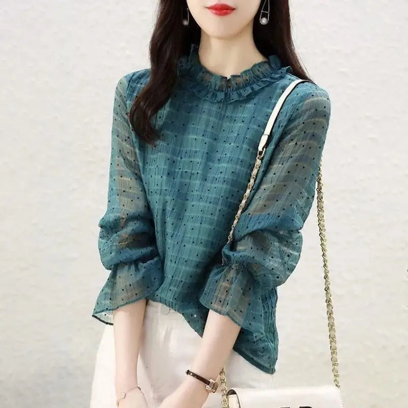 

2024 Spring Autumn Women New Long Sleeve Chiffon Shirts Female Polka-dot Print Shirt Tops Ladies Loose Casual Blouses E765