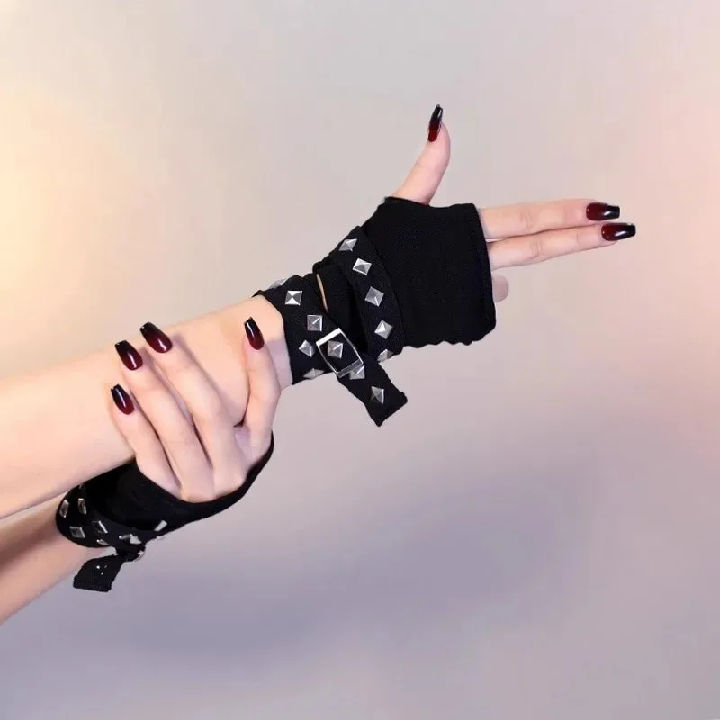 Harajuku Y2k Women Black Punk Rivet Streetwear Gloves Cool Rope Cross Fingerless Gloves Punk Gothic Short Arm Warmer Outdoors