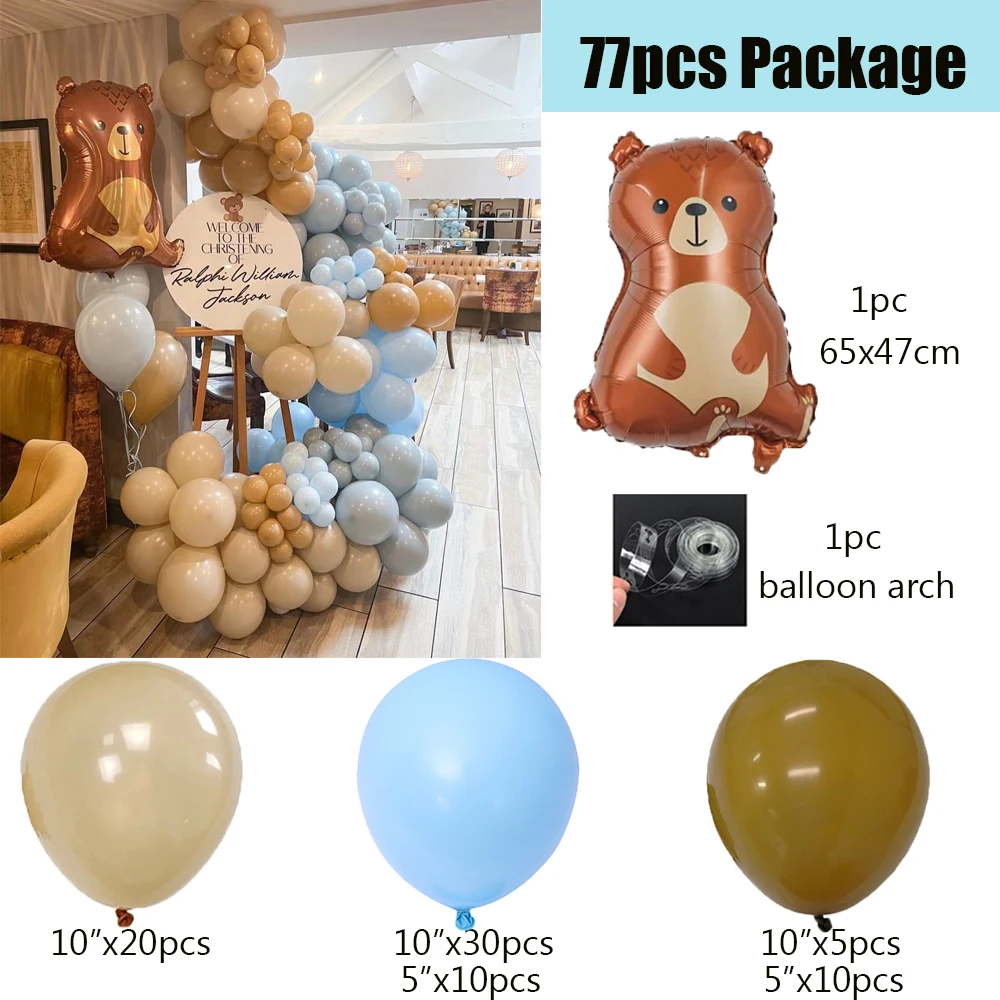 thumbnail image 1 of Kit de guirnalda de globos de oso de peluche marrón de 111/77 piezas para globos de color azul albaricoque, decoraciones para fiestas de cumpleaños de niños, baby shower de niño o niña, 1 of 5