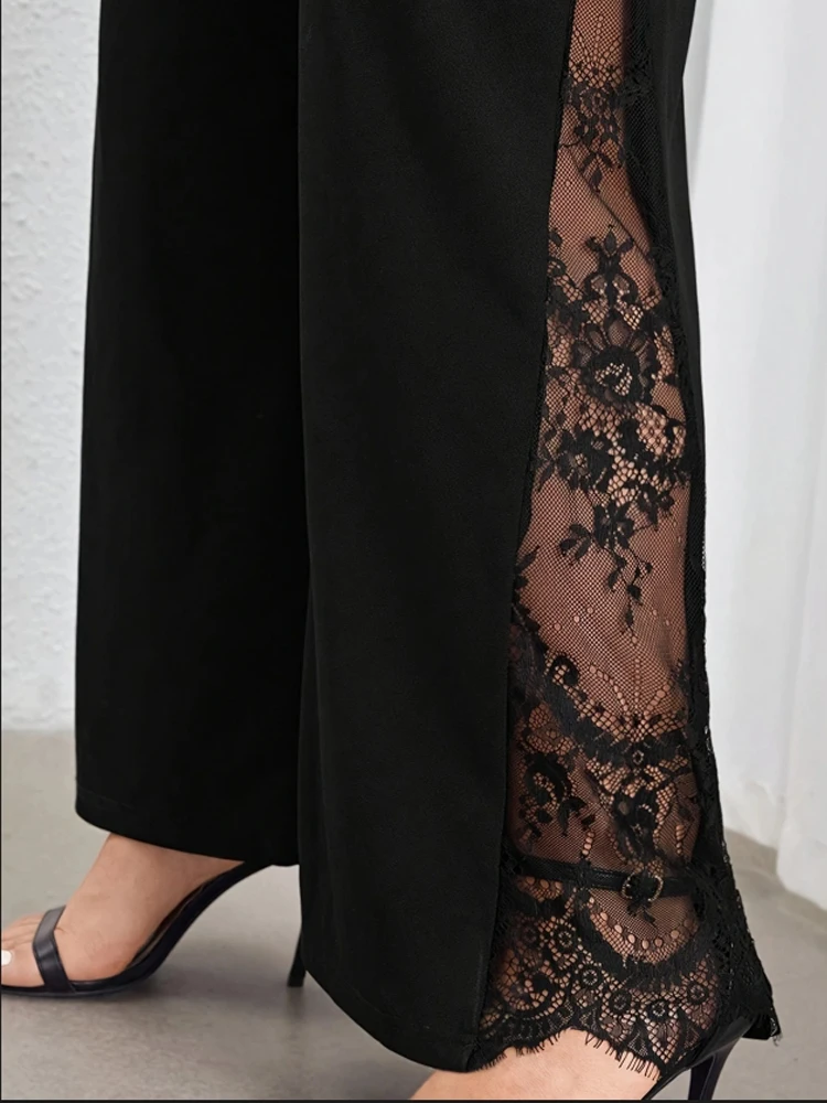 Women’s plus size black elegant spring summer casual split lace patchwork loose elastic waist wide leg pants straight leg pants Best Sellers In Women's Clothing