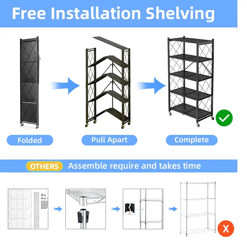5 Tier Metal Storage Shelves with Wheels Heavy Duty Foldable Garage Shelving Unit for Easy Organization Ideal for Kitchen Garage 3