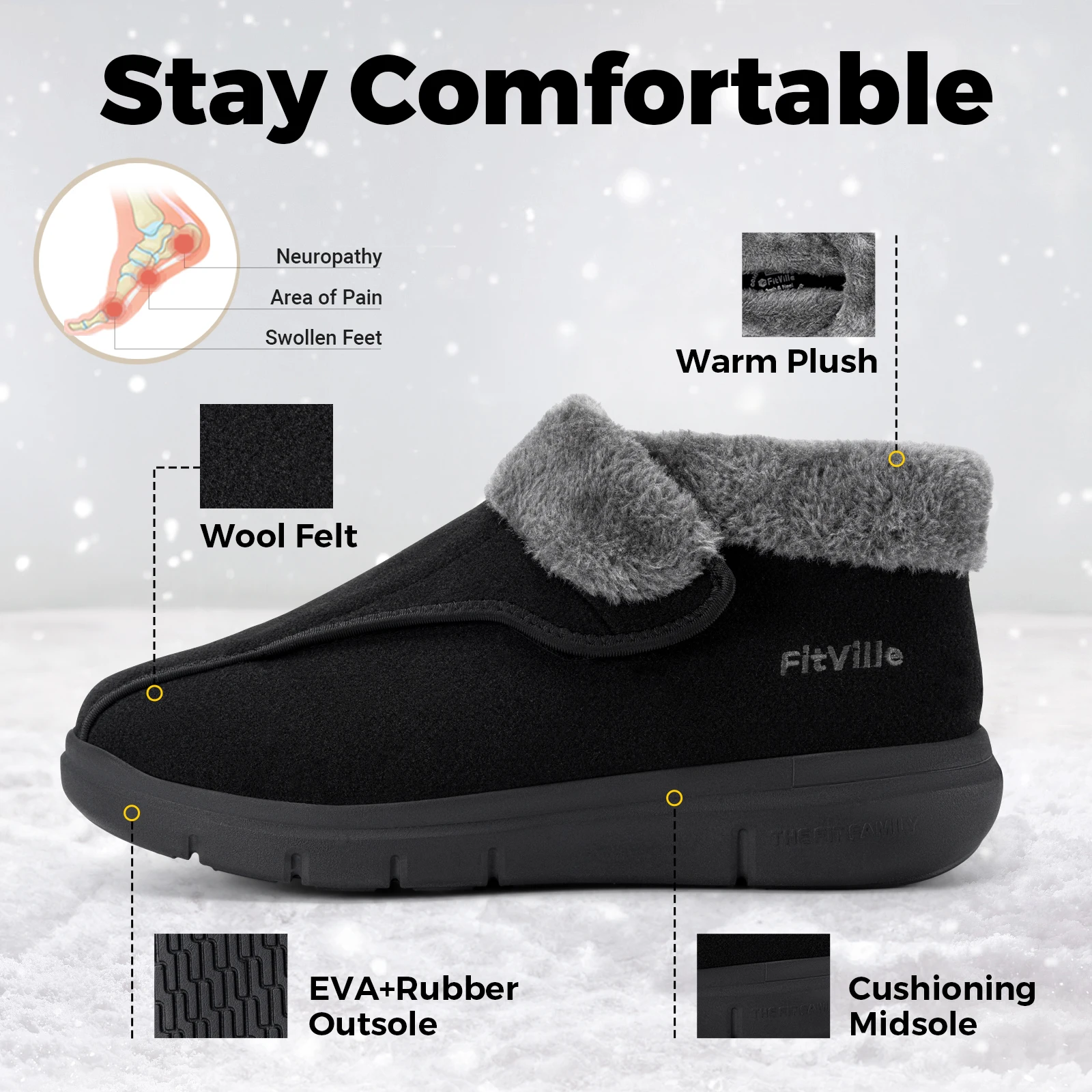 Fitville Winter Shoes Men's Boots Plush Cotton Home Shoes Warm Thick Wide Shoes One-Step Non-Slip Lightweight Cold-Proof Shoes 3