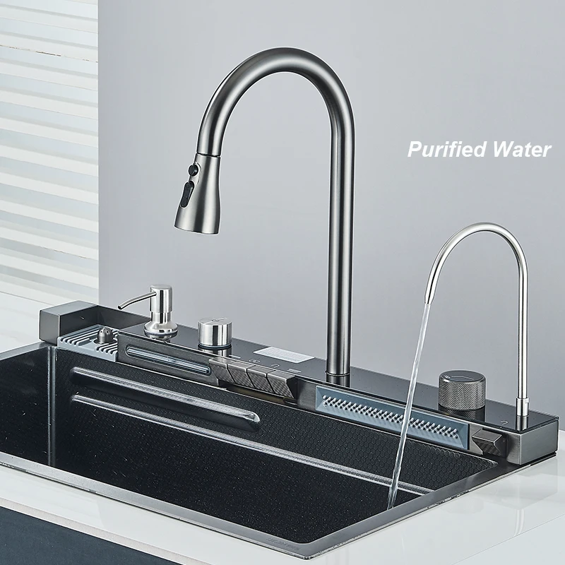 Waterfall Kitchen Sink 304 Stainless Steel With Digital Display Faucet Purified Water Mixer Crane And Wash Cup Tap Kitchen Parts 5