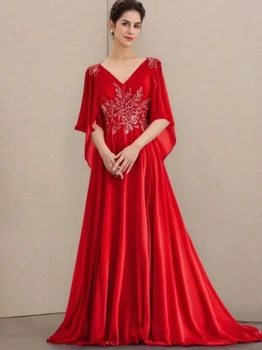 Abiti per la madre della sposa in chiffon di pizzo con abiti formali con perline e paillettes a fessura Abito da sera con scollo a V e maniche a mantella