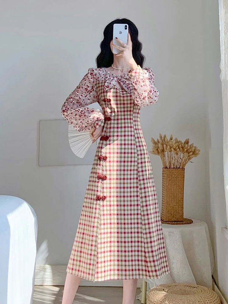 

Spring 2023 New Plus Size Women Plaid Dress French Niche Design With Improved Cheongsam Long Sleeved Vestido Party Dresses