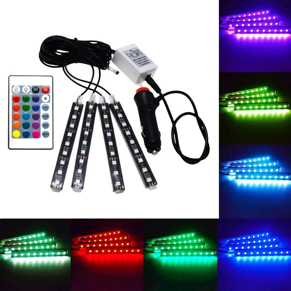 4pcs DC 12V Light Car Interior Lights RGB LED Strip Tape Music/IR/APP Control Auto Decorative Lamps Flexible Kit Fog Lamp Neon