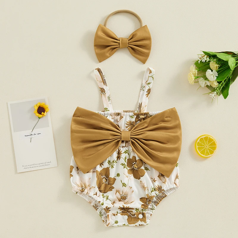 

Neworn Baby Girls Rompers Flower Print Sleeveless Big Bowknot Spaghetti Straps Toddler Clothes Infant Bodysuits with Headband