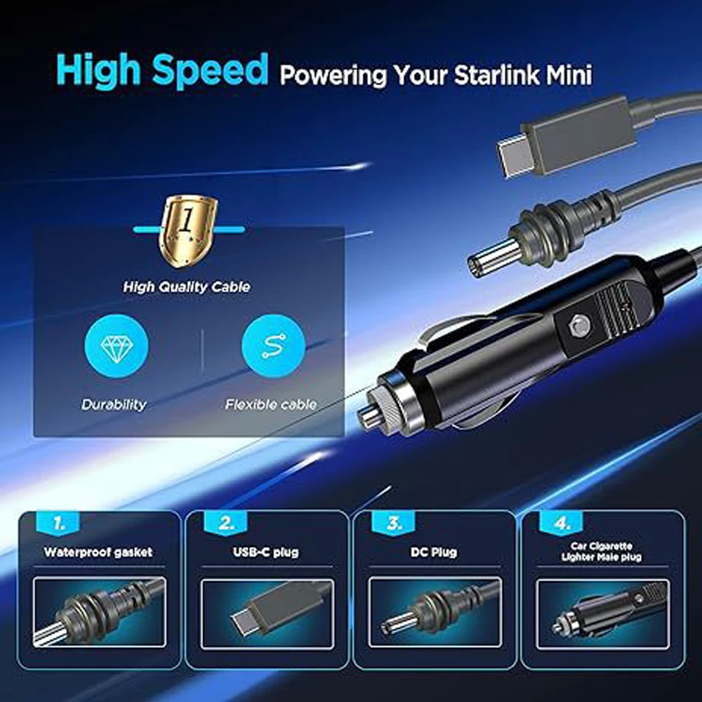 for Starlink Mini 3 in 1 DC Power Cable 10FT 100W USB C 12-24V Cigarette Lighter Plug and DC Male Power Cable Cord for Starlink 2
