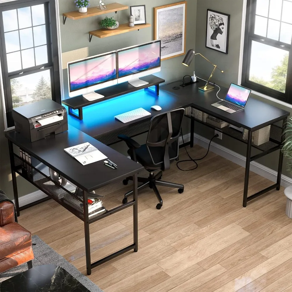 Unikito U Shaped Computer Desk with Power Outlet and LED Strip, Reversible L Shaped Office Desk with Monitor Stand