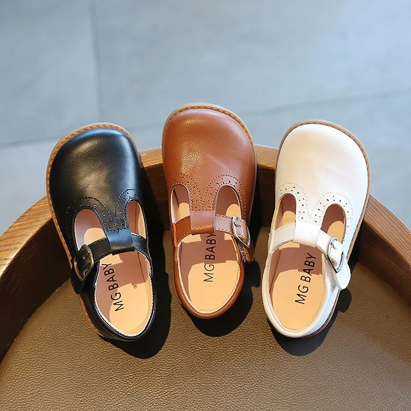 Children Mary Janes British Style T-strap Three Colors Vintage 21-30 Little Girl's Leather Shoes All-mtach School Kids Flats