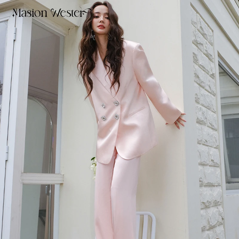 Masionwester 가을 새로운 여성 옷 새틴 핑크 더블 브레스트 느슨한 세트 세트 바지 투피스 세트