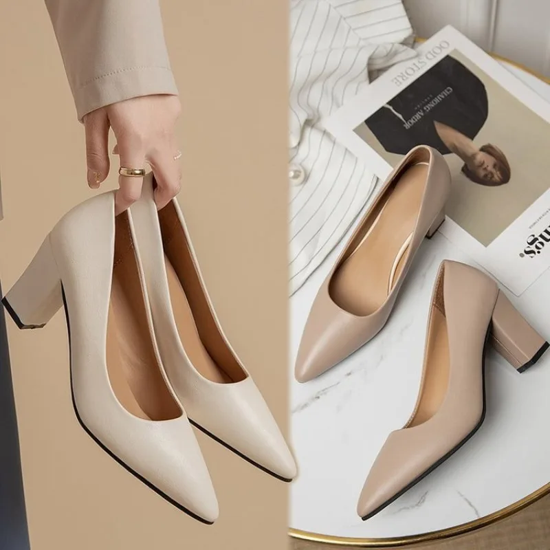 High Heels Women 2025 Summer New Pointed Shallow Mouth Work Shoes Thick Heel Fashion Versatile High Heels - 2