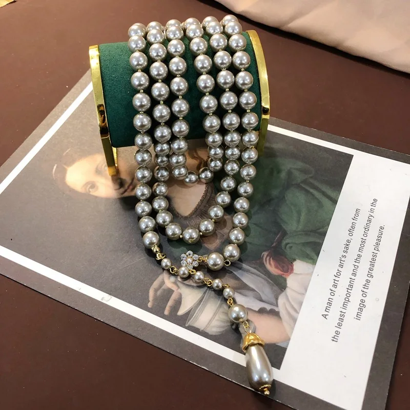 Europe and America vintage Grey Glazed Pearl Long Necklace, Earstuds