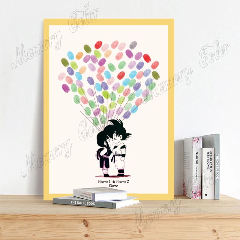 Name Date Cute Cartoon Characters Wedding Fingerprint Signature Guest Book Painting (No Frame,Ink Pad Included)