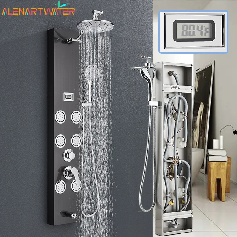LED Light Shower System Bath Shower Column Black Rain Waterfall Shower Panel Bidet Faucet with Handshower Massage Jets Spout
