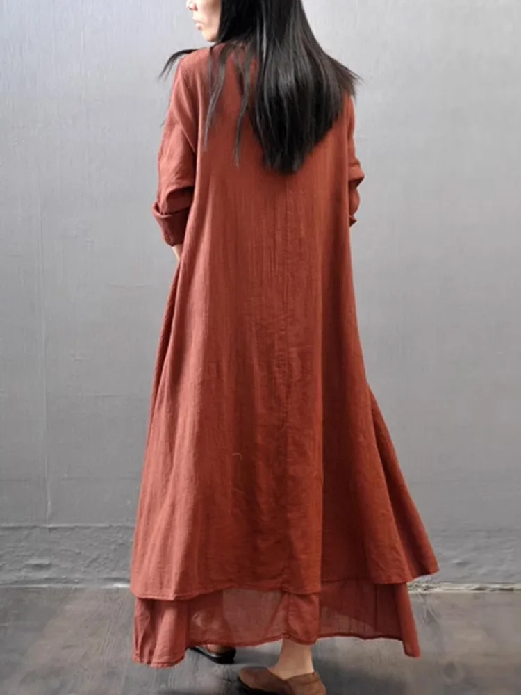 New Spring and Summer Women's Solid Color Loose Long-sleeved Dress Fake Two Pieces Swing Casual Cotton and Linen Long Skirt