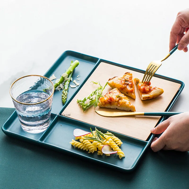 

Ceramic Western Plate Creative Grid Plate Household Square Tableware Snack Platter Bamboo Wood Western Steak Plate