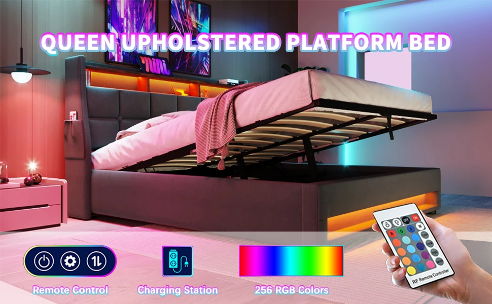 Hydraulic System, Solid Wooden Slats Support, Noise-Free, No Box Spring Needed, Easy Assembly