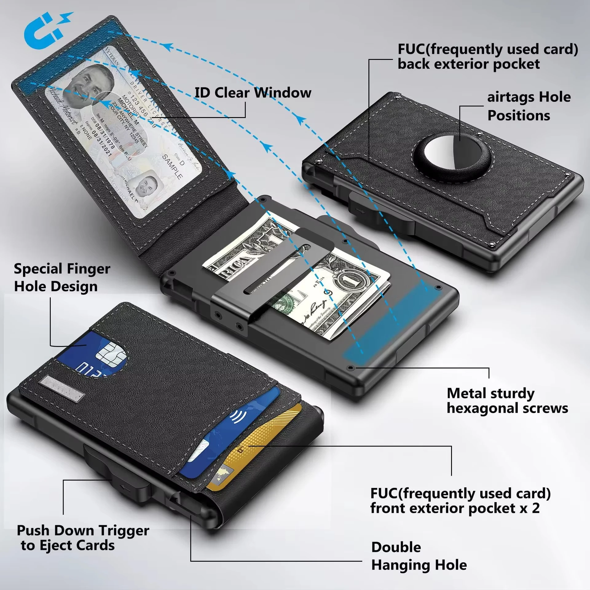 Men's Pop-Up Aluminum Carbon Fiber RFID Blocking Wallet with AirTag Slot