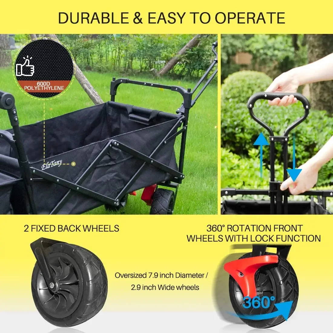 Folding Push Wagon Cart with Canopy Collapsible Utility Camping Heavy Duty Shopping Wide Wheel Red