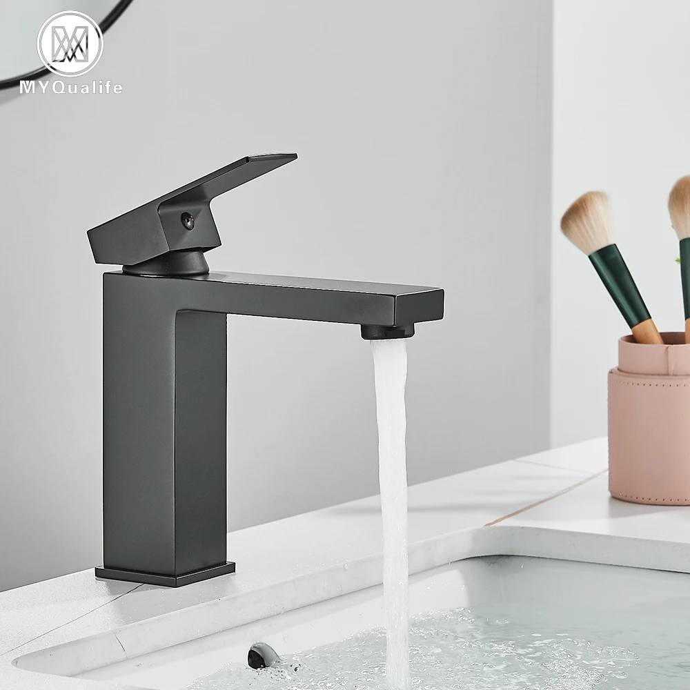 สีดําสแควร์อ่างล้างหน้าก๊อกน้ําห้องน้ําอ่างล้างหน้าสแตนเลสสตีลร้อนเย็นทองสูงรุ่น Mixer Deck Mounted 1