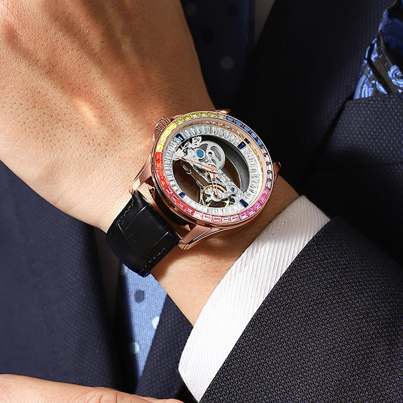 AILANG Multicolor Gemstones Automatic Watch For Men Skeleton Mechanical Wristwatch Luxury Watch Men Waterproof Relogio Masculino