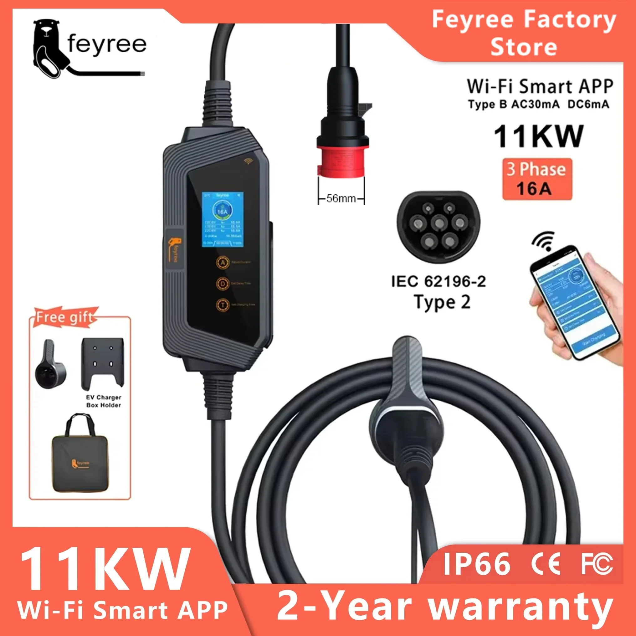 feyree Type2 11KW 16A 3Phase Portable EV Charger Car Charger Wi-Fi APP Control EVSE Charging Box CEE Plug for Electric Vehicle ev charger