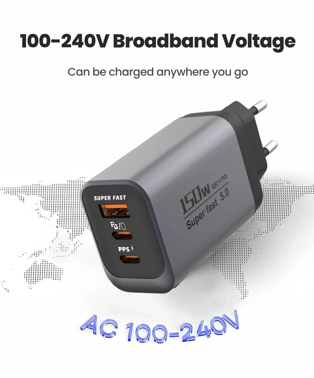 150W 3-Port USB-C Ladegerät Superschnelles Laden PD QC3.0 Reise-Wandadapter für iPhone 17 Samsung Xiaomi Tablet EU UK US Ladegerät – Detail 23