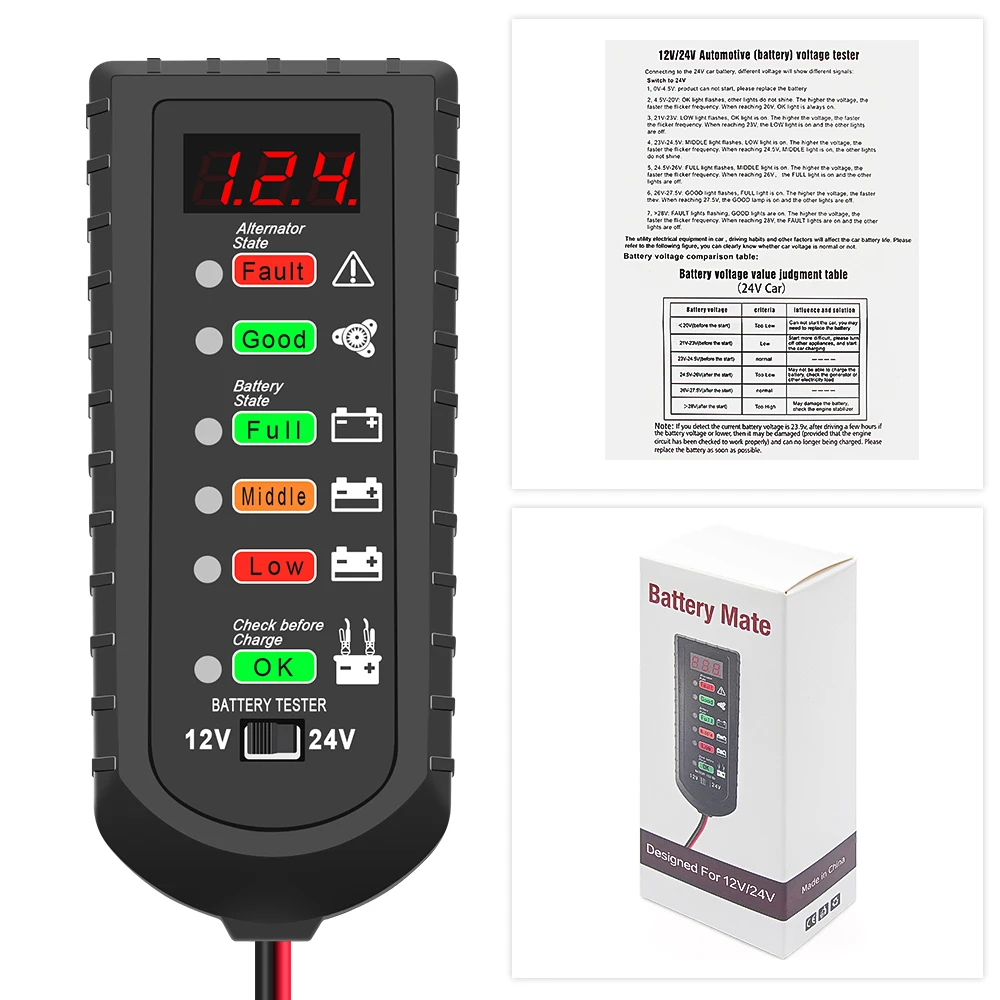 12V 24V Car Battery Tester Alternator Tester LED Display Automotive Battery Checker Analyzer Auto Repair Multifunctional