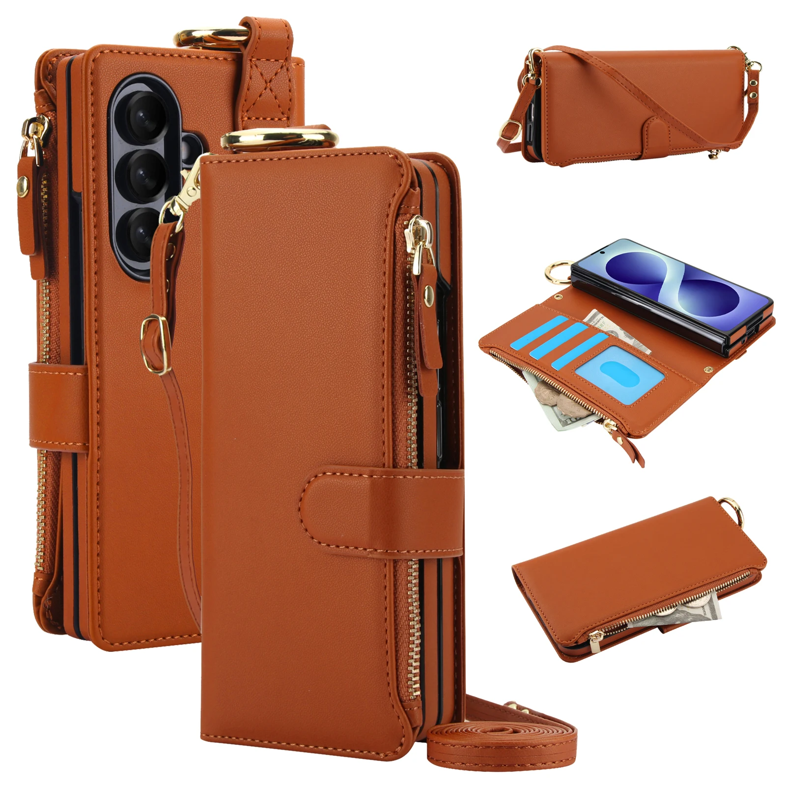 Elegant Multi-Functional Leather Crossbody Wallet Case with RFID Protection and Zippered Storage