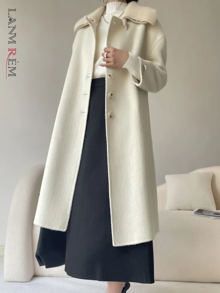 

LANMREM 2023 Winter New Long Woolen Coat Women Fashion Knitted Lapel Spliced Single Breasted Clothing Korean Style 2AA2794