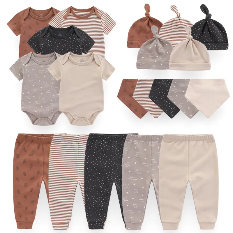 

2023 Unisex Cotton New Born Baby Girl Clothes Sets Bodysuits+Pants+Hats+Gloves/Bibs Baby Boy Clothes Solid Color Cartoon Bebes