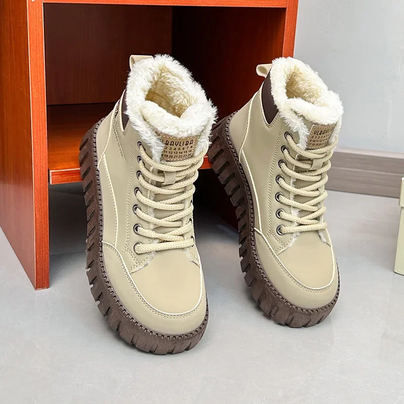 

Women's Snow Boots with Laces Lace-up Shoes for Woman Sneakers Elegant Medium Heels Sports High Platform Leather No Slipery 39