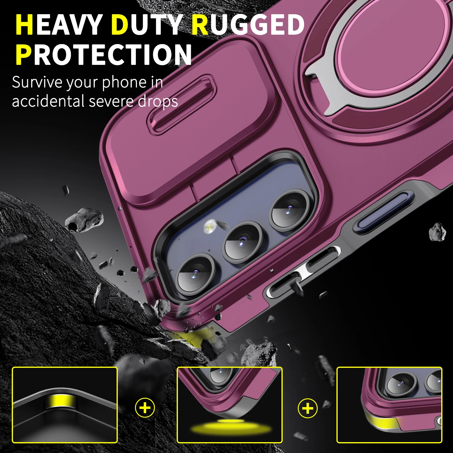 Enhanced Armor Case with Ring Holder and Slide Camera Protector Cover