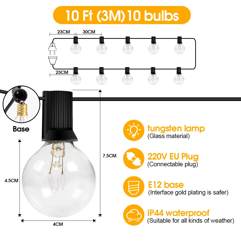 Patio string light Tungsten G40 Globe String Lights for Patio, LED Hanging Lights Waterproof 30 Bulbs, Shatterproof Christmas indoor fairy lights String Lights