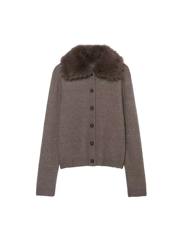 Woman Spring Autumn Knitwear Fashion Faux Fur Collar Long Sleeve Sweater Ladies Single Breasted Knitted Coats Casual New