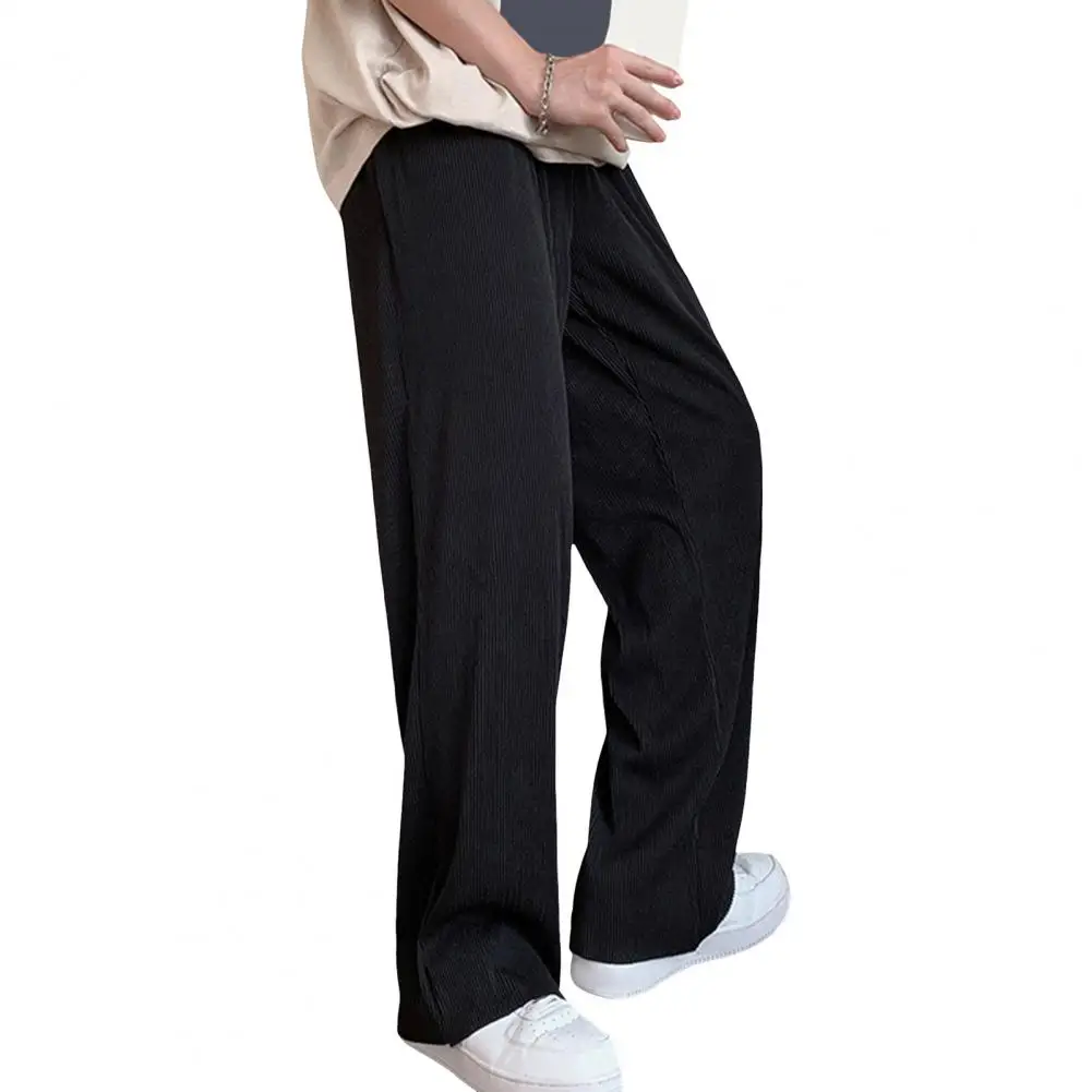 Men Solid Color Trousers Quick-drying Men's Sport Pants with Wide Leg Side Pockets for Gym Training Jogging Elastic Waist Solid