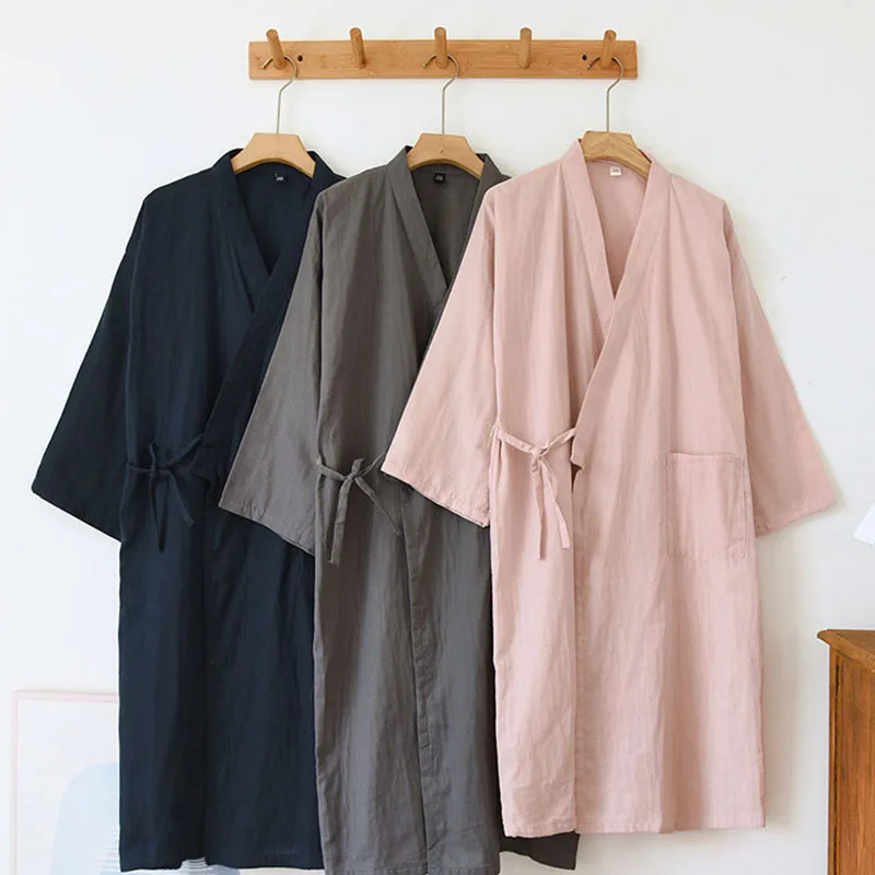 

Autumn Pajamas For Men Women Solid Long Sleeve Cardigan Night-Robe With Pocket Loose Cotton Gauze Home Nightgown Japanese Kimono